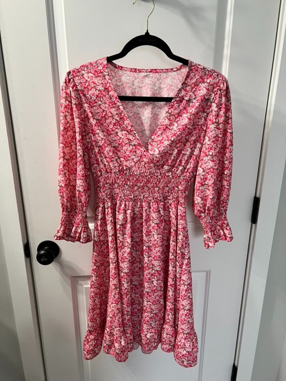 Pink Floral Smocked Waist Mini Dress Puff Sleeve Cottagecore Boho Size M